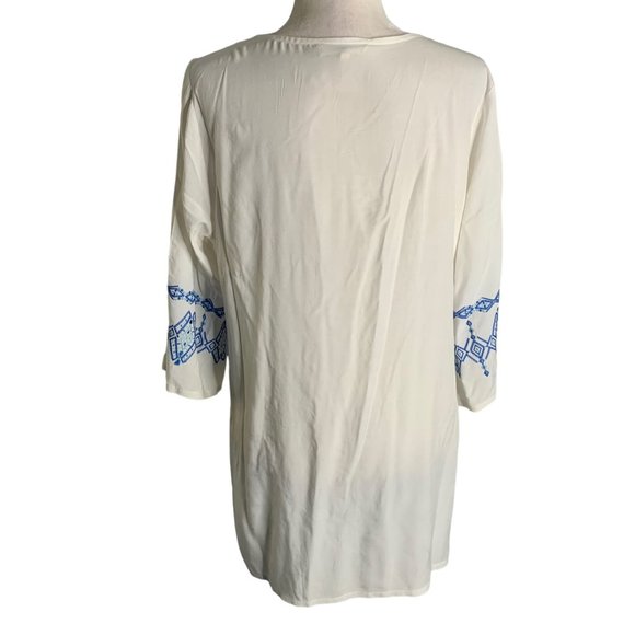 Solitaire Boho Cover Up Embroidered Tunic M White V Neck Lace Up Tassels - Picture 4 of 7